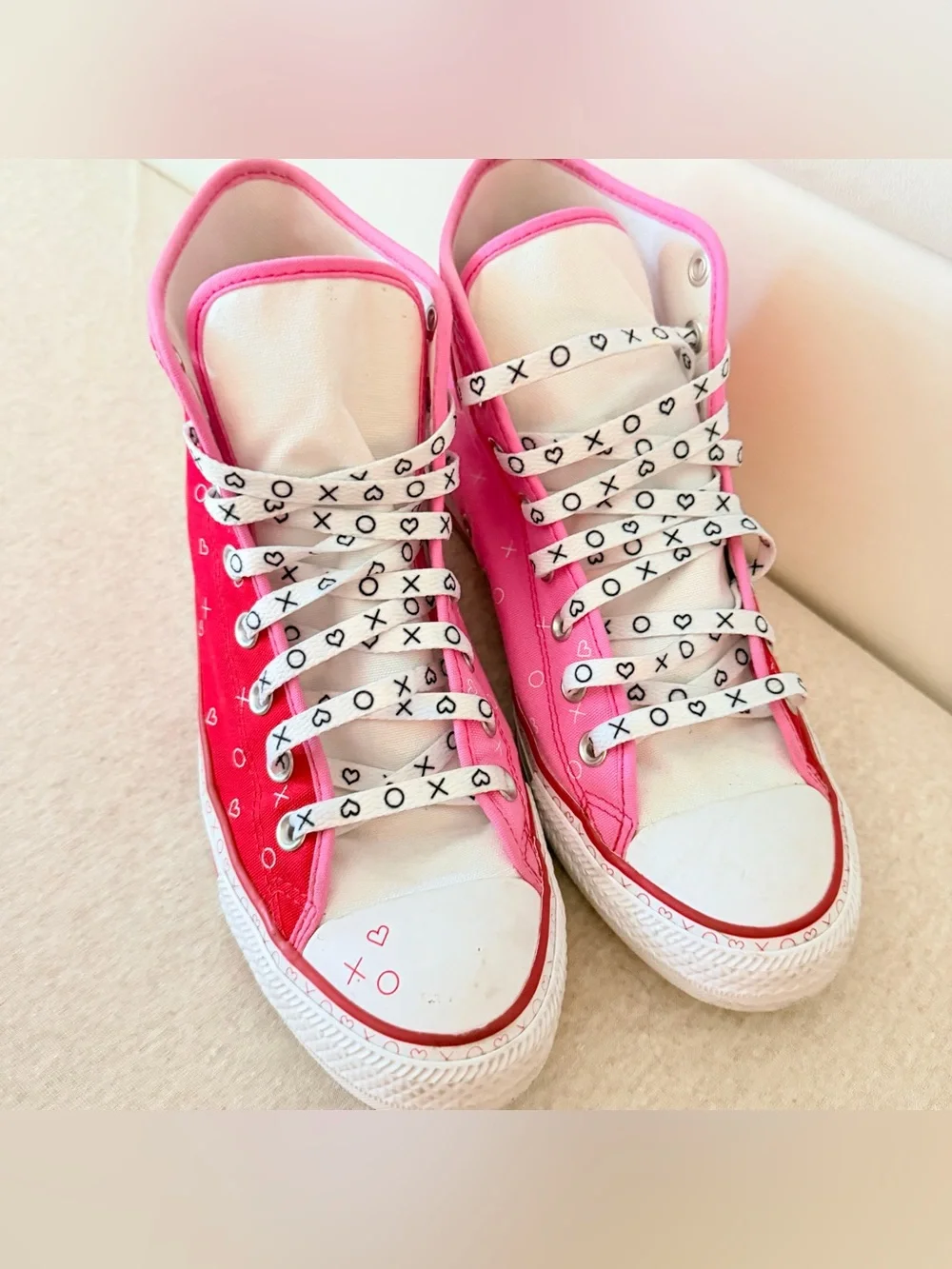 Converse high top half red , half pink “Xoxo” heart print shoes